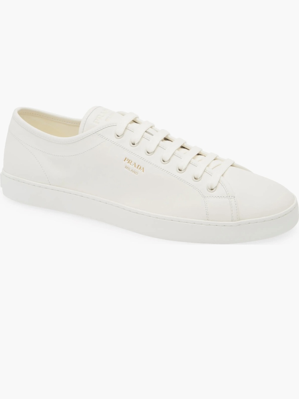 Prada Cream Leather Low-Top Sneaker with Gold Logo